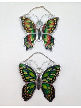 Amia Set of 2 Butterfly Suncatcher Hand Painted Stained Glass Multicolor 5"